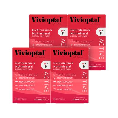 Vivioptal Active, 90 Softgels (1 Year Supply), Ginseng &amp; Omega 3, Multivitamin &amp; Multimineral, Gluten Free, German Formula