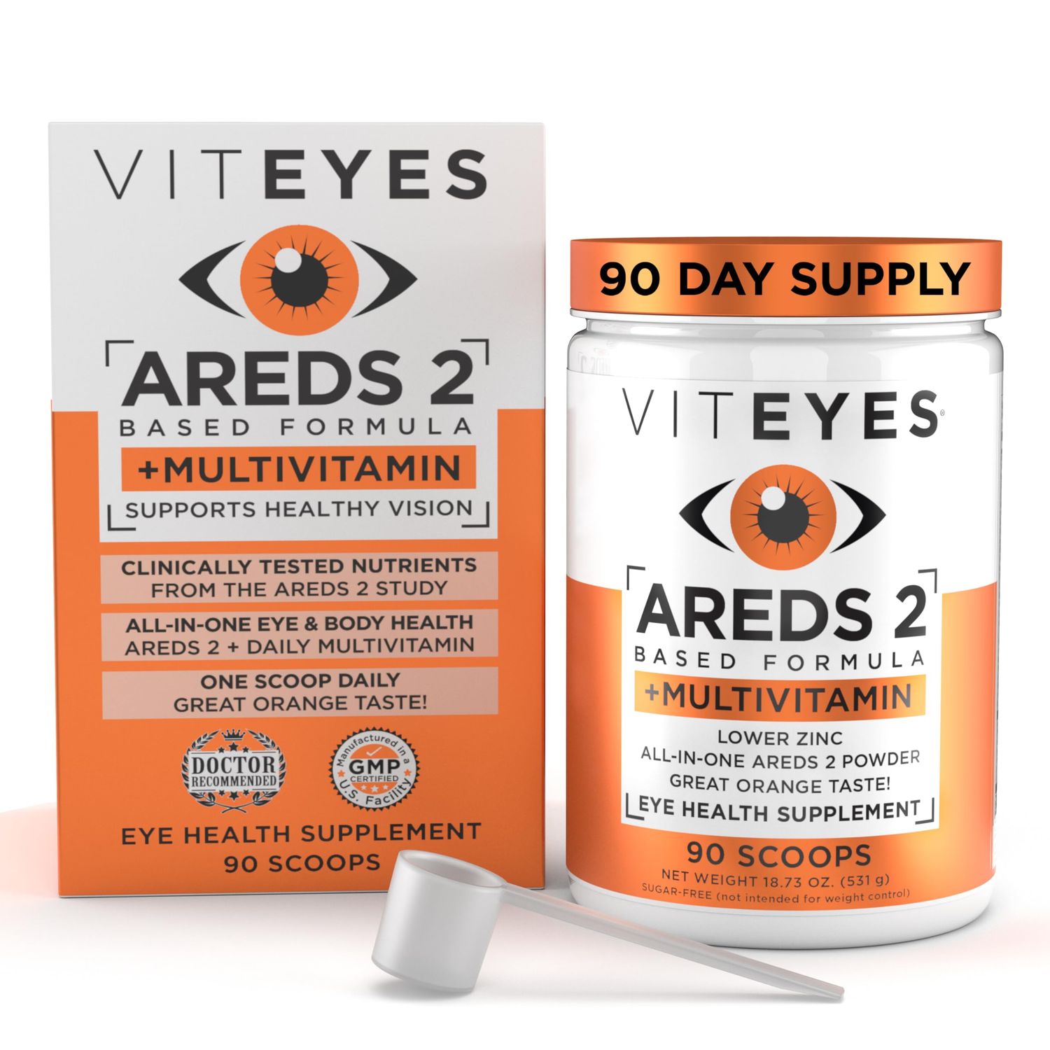 Viteyes AREDS 2 Powder + Multivitamin All-in-One, Macular Protection, Alternative to AREDS 2 chewables, No Pills, Lutein &amp; Zeaxanthin, AREDS 2 Eye Vitamins Drink, Natural Orange Flavor, 90 Scoops
