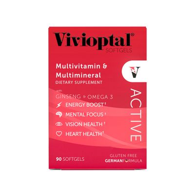 Vivioptal Active, 90 Softgels (1 Year Supply), Ginseng &amp; Omega 3, Multivitamin &amp; Multimineral, Gluten Free, German Formula