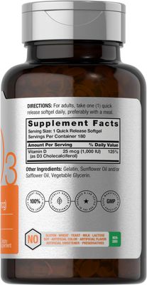 Horbach Vitamin D3 1000IU Softgels (25mcg) | 180 Count | Non-GMO, Gluten Free Supplement