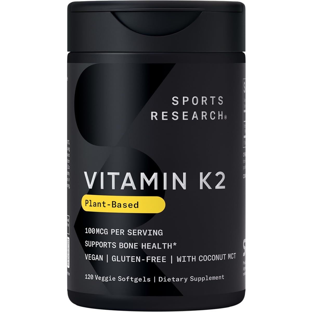 Sports Research Vitamin K2 as MK-7 100mcg with Coconut MCT Oil - 120 Veggie Softgels (4 Month Supply) Vegan Certified, Non-GMO Verified, Gluten &amp; Soy Free - Citrus Aroma