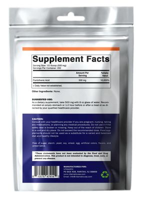 Vitamatic Pantothenic Acid Pure Powder 500 mg per Serving - 100 Grams - Also Called Vitamin B5-200 Servings