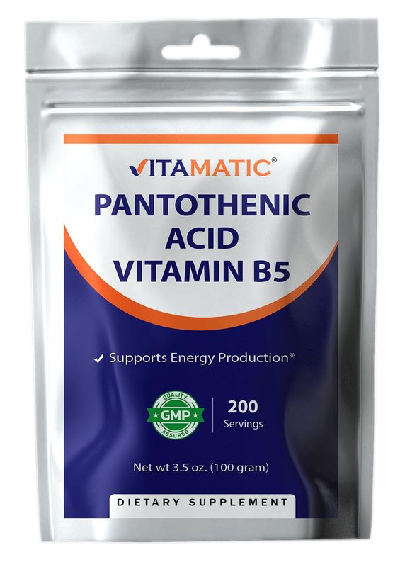 Vitamatic Pantothenic Acid Pure Powder 500 mg per Serving - 100 Grams - Also Called Vitamin B5-200 Servings