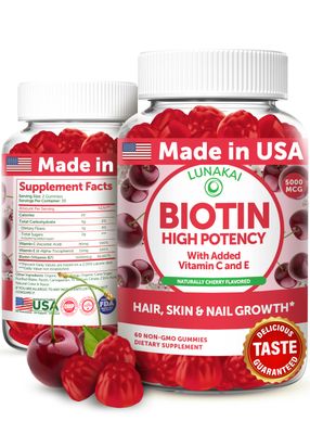 Lunakai USA Made High Potency Biotin Gummies 5000mcg - Delicious Hair Skin and Nails Vitamins with Vitamin C &amp; E - Non-GMO, Cherry Flavor, 60 Count