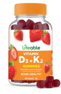 Lifeable Vitamin D3 K2 Gummies for Adults | 1000iu D3 and K2 100mcg | Great Tasting D3 and K2 Supplements | for Bone Health and Immunity | VIT D3 K2 for Adults, Men, and Women | 60 Gummies