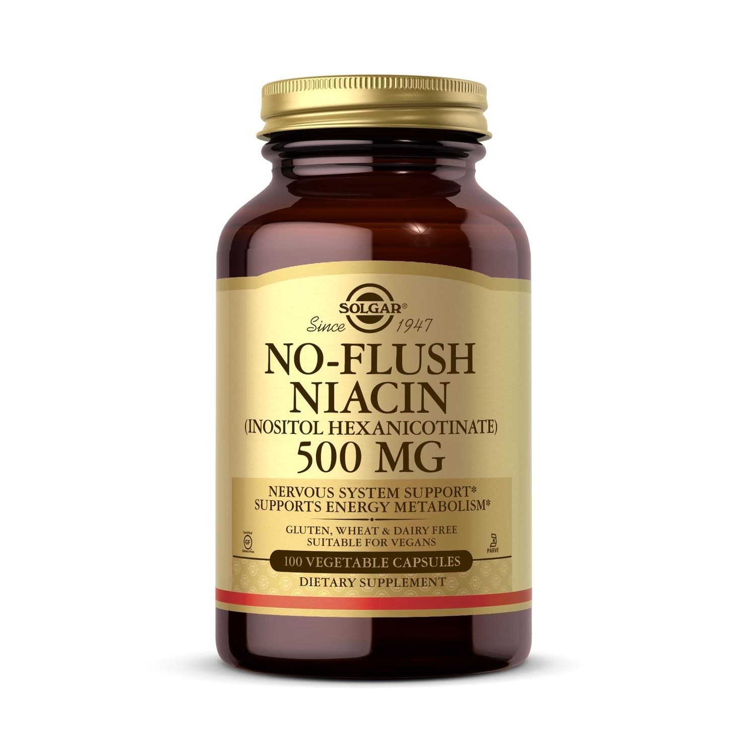 SOLGAR No-Flush Niacin 500 mg - 100 Vegetable Capsules - Supports Energy Metabolism &amp; Nervous System - Vegan, Gluten &amp; Dairy Free, Kosher - 100 Servings