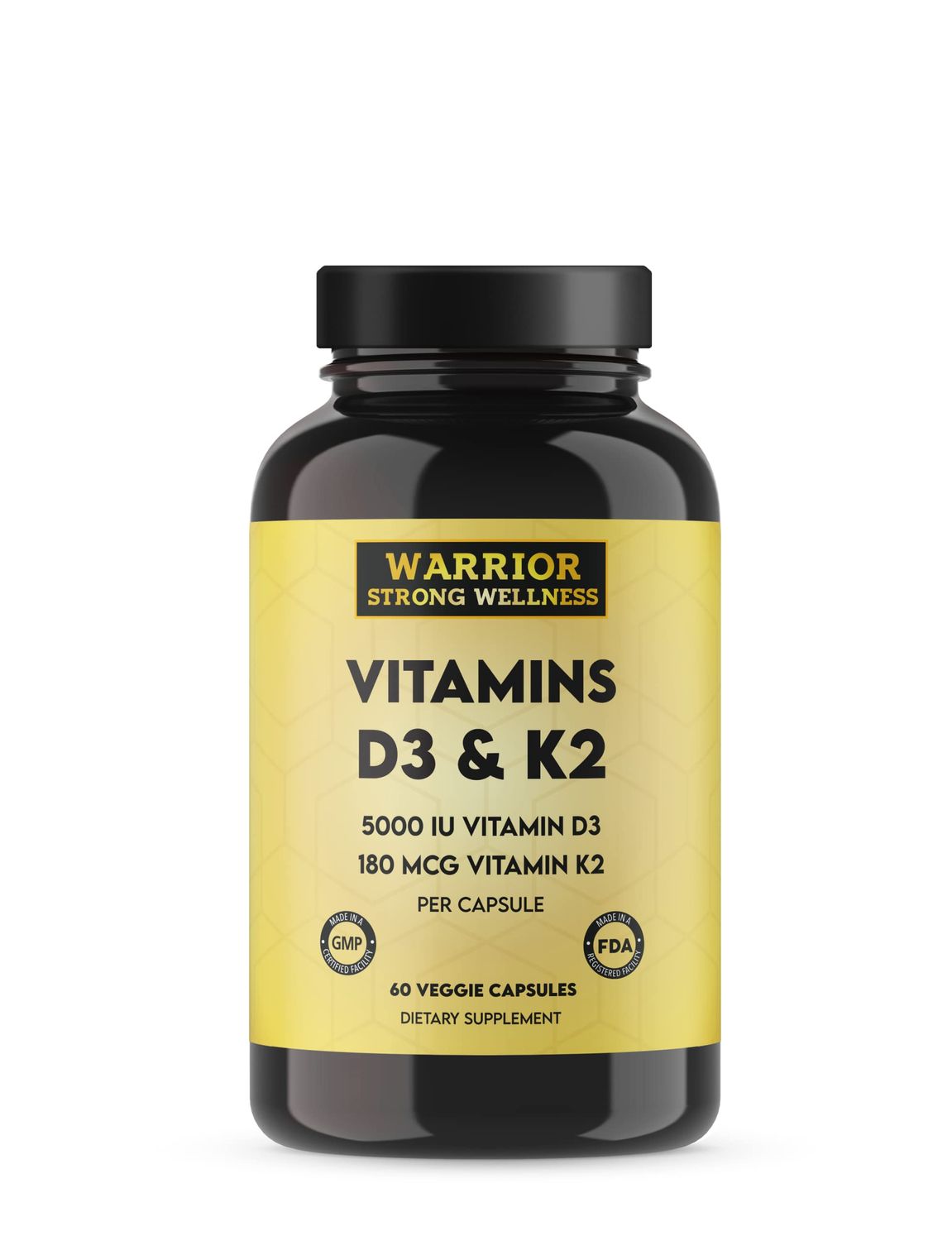 Warrior Strong Wellness Vitamin D3 and K2 Supplement - 5000IU Vitamin D3 and 180MCG Vitamin K2 Supplement - Immune, Heart Health - 2 Month-Supply, 60 Veggie Capsules