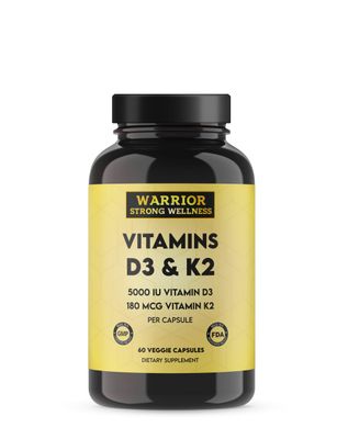 Warrior Strong Wellness Vitamin D3 and K2 Supplement - 5000IU Vitamin D3 and 180MCG Vitamin K2 Supplement - Immune, Heart Health - 2 Month-Supply, 60 Veggie Capsules