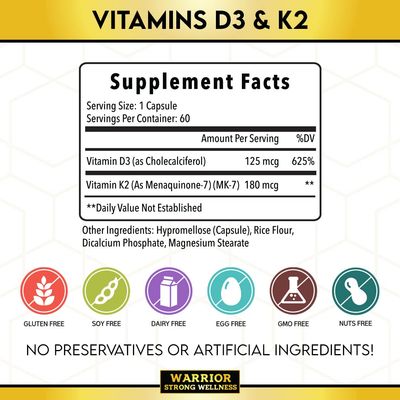 Warrior Strong Wellness Vitamin D3 and K2 Supplement - 5000IU Vitamin D3 and 180MCG Vitamin K2 Supplement - Immune, Heart Health - 2 Month-Supply, 60 Veggie Capsules