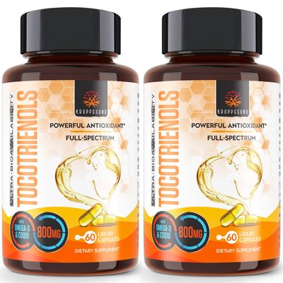 Kroppssund Tocotrienols 800mg Supplement | Rich in Vitamin E Tocotrienols | Cardiovascular, Antioxidant, Cellular Energy Production - 120 Liquid Capsules