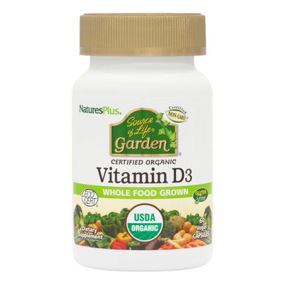 Natures Plus Source of Life Garden Certified Organic Vitamin D3 - Cholecalciferol 5000 iu, 60 Vegan Capsules - Whole Food Plant-Based Supplement - Vegetarian, Gluten-Free - 30 Servings