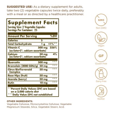SOLGAR Quercetin Complex with Ester-C Plus - 50 Vegetable Capsules - Immune Health Support - Gentle on The Stomach Vitamin C - Non-GMO, Vegan, Gluten Free, Kosher - 25 Servings