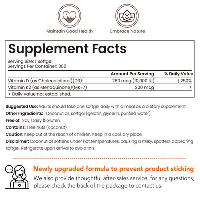 VEV Vitamin D3 Con K2 10000 IU, 300 Virgin Coconut Oil Softgels, 2 in 1 Vitamins Supplement D &amp; K (Include MK7), Easy to Swallow, Supports Calcium Absorption, Bone Health(Packaging May Vary)