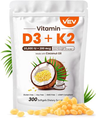 VEV Vitamin D3 Con K2 10000 IU, 300 Virgin Coconut Oil Softgels, 2 in 1 Vitamins Supplement D &amp; K (Include MK7), Easy to Swallow, Supports Calcium Absorption, Bone Health(Packaging May Vary)