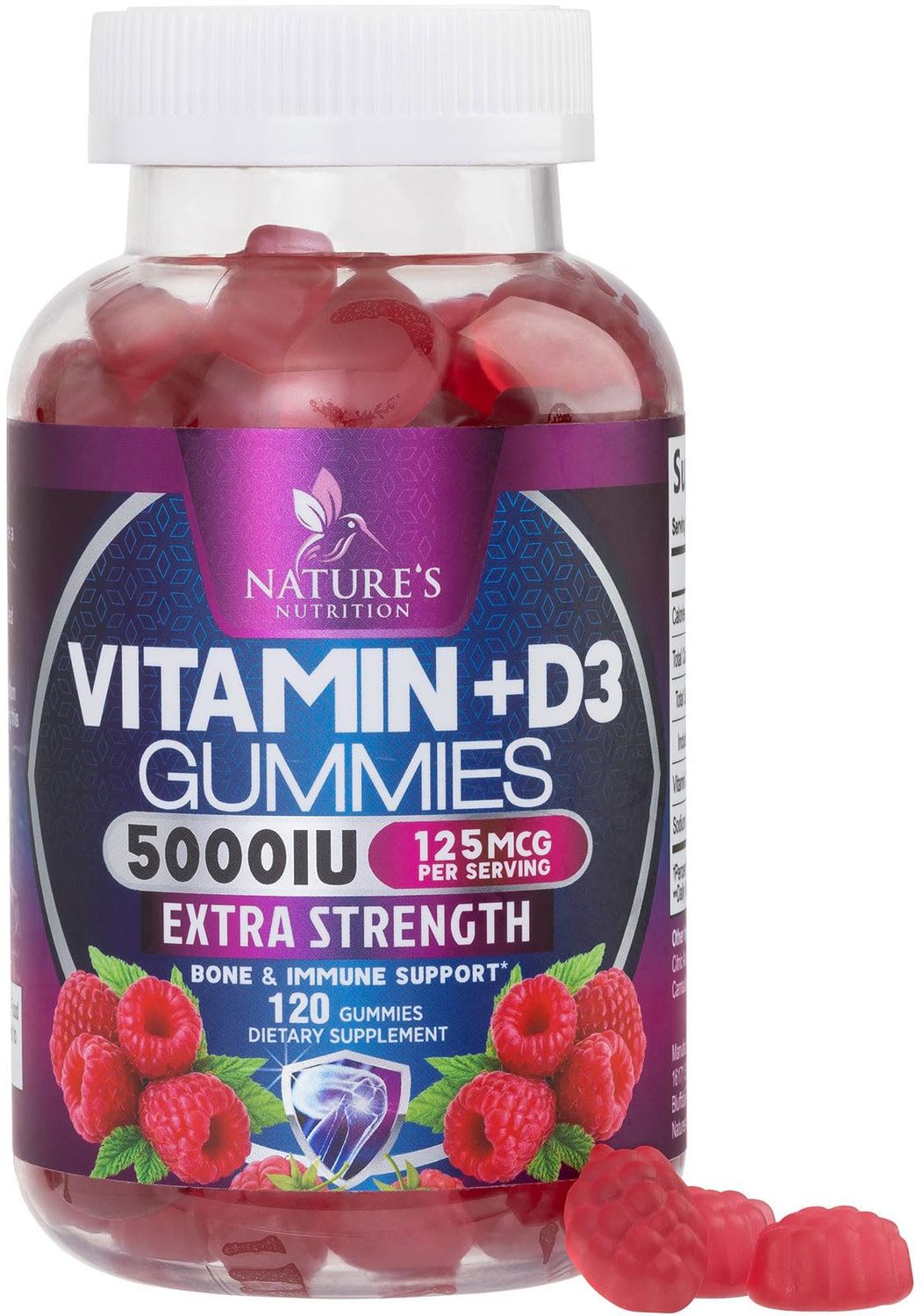 Vitamin D3 Gummies Extra Strength 5000 IU (125 mcg) - Raspberry Flavor Gummy Vitamins - Vitamin D Dietary Supplement for Bone, Teeth, Muscle &amp; Immune Health Support, Non-GMO, Gluten Free - 120 Gummies
