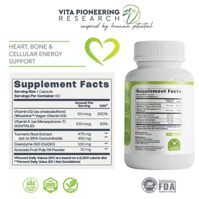 Vita Pioneering Research 4-in-1 Plant Based Vegan Vitamin D3 2000IU + K2Vital Vitamin K2 with Turmeric and COQ10 - with Avocado Powder for Enhanced Absorption - Heart, Bone, Cellular Health Support