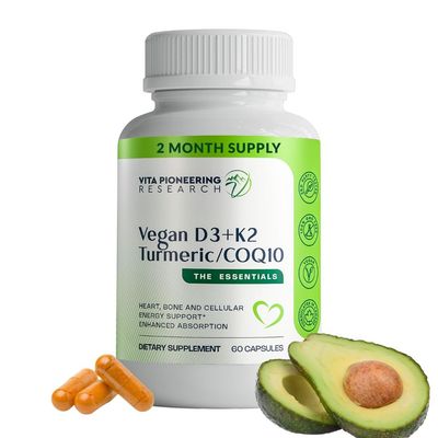 Vita Pioneering Research 4-in-1 Plant Based Vegan Vitamin D3 2000IU + K2Vital Vitamin K2 with Turmeric and COQ10 - with Avocado Powder for Enhanced Absorption - Heart, Bone, Cellular Health Support