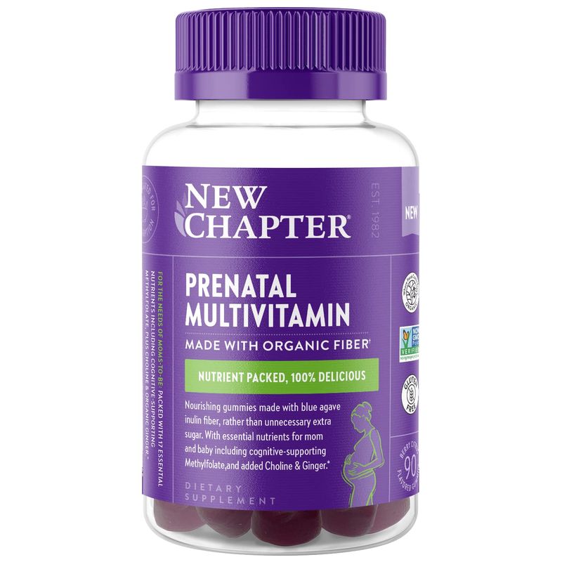 New Chapter Prenatal Multivitamin Gummies - 71% Less Sugar, Prenatal Gummies for Mom &amp; Healthy Baby with Prenatal Vitamins Methylfolate, D3, Choline &amp; Ginger, Non-GMO, Gluten Free, Berry Citrus, 90ct