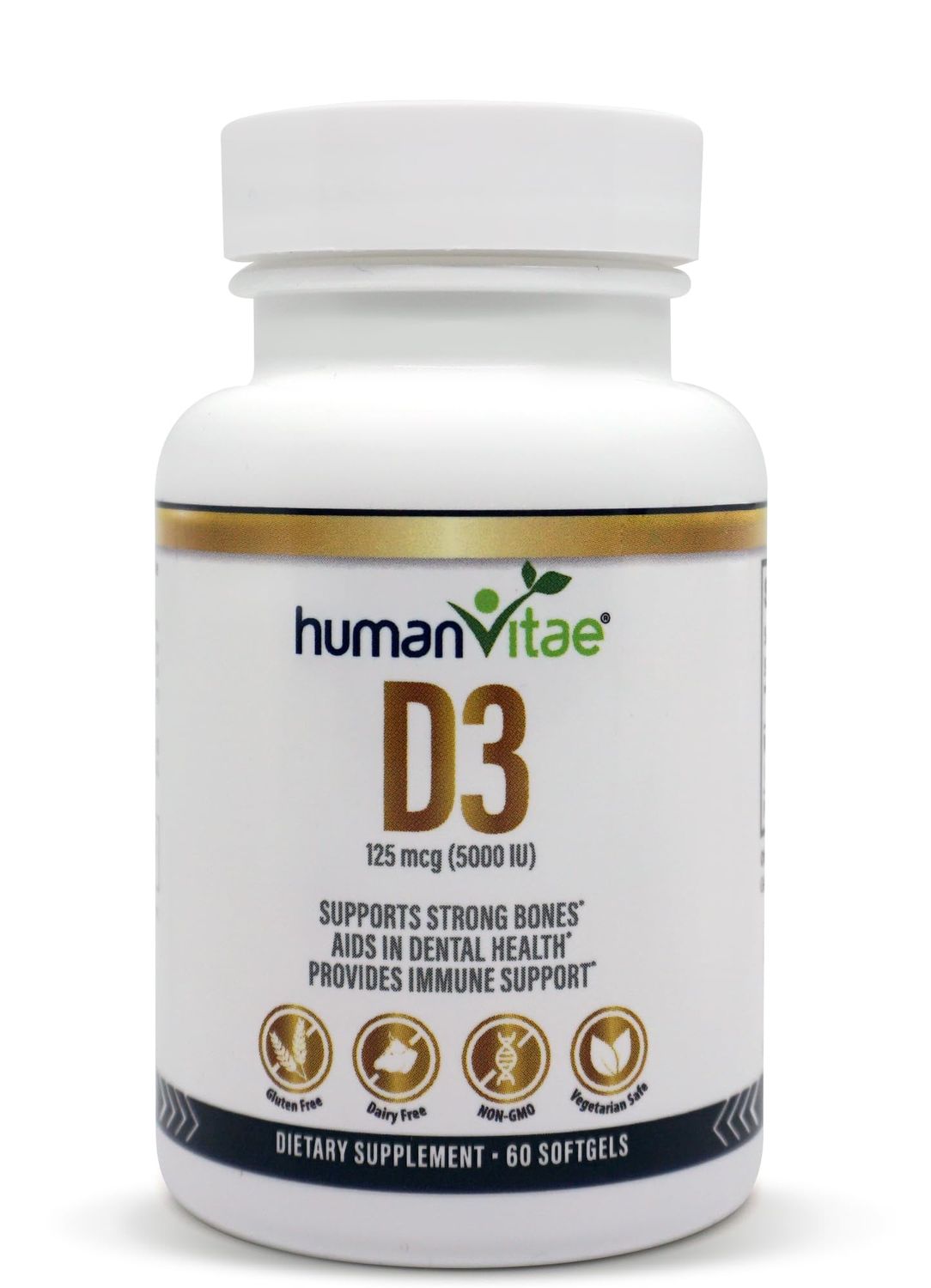 Human Vitae Vitamin D3 5000 IU - 60 Softgel Capsules for Immune Support and Bone Health