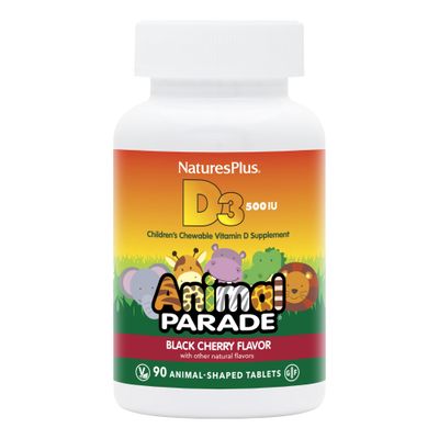 Natures Plus Animal Parade Vitamin D3 Childrens Chewables - Black Cherry Flavor - 90 Animal-Shaped Tablets, Pack of 2 - Gluten Free, Vegetarian, Hypoallergenic - 180 Total Servings