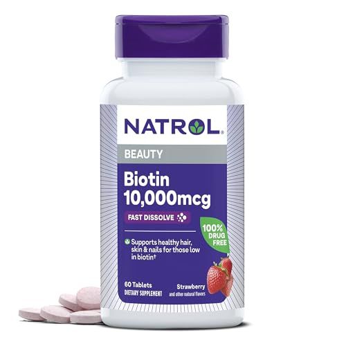 Natrol Beauty Biotin 10000mcg, Dietary Supplement for Healthy Hair, Skin, Nails and Energy Metabolism, 60 Strawberry-Flavored Fast Dissolve Tablets, 60 Day Supply