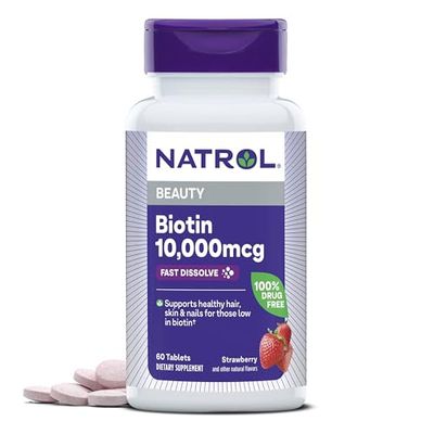 Natrol Beauty Biotin 10000mcg, Dietary Supplement for Healthy Hair, Skin, Nails and Energy Metabolism, 60 Strawberry-Flavored Fast Dissolve Tablets, 60 Day Supply
