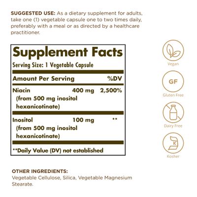 SOLGAR No-Flush Niacin 500 mg - 100 Vegetable Capsules - Supports Energy Metabolism &amp; Nervous System - Vegan, Gluten &amp; Dairy Free, Kosher - 100 Servings