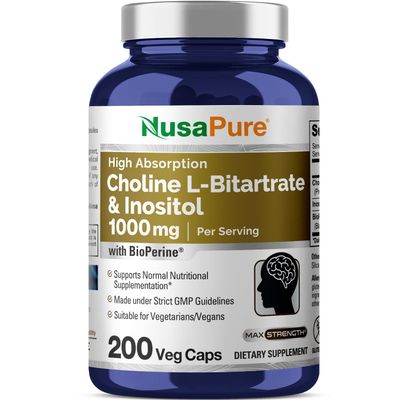 NusaPure Choline &amp; Inositol 1000mg - 200 Veggie Caps (100% Vegetarian, Non-GMO) Bioperine