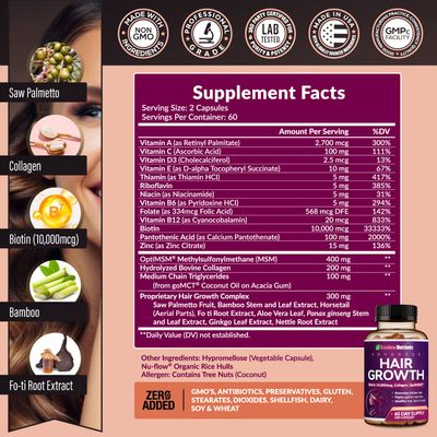 Hair Growth Vitamins for Women | Biotin 10,000mcg, Collagen, Patented OptiMSM, goMCT, Saw Palmetto | Naturally Regrow Stronger &amp; Healthier Hair, Skin and Nails | Stops Hair Loss | 60 Day Supply