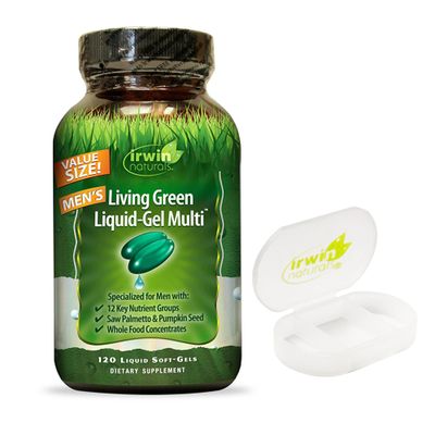 Irwin Naturals Men&#39;s Multivitamin - Living Green Liquid-Gel Multi - with Over 70 Essential Nutrients, Vitamins and Minerals - 120 Liquid Softgels Bundle with Pill Case