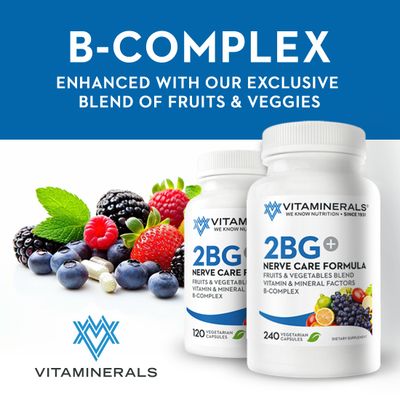 Vitaminerals 2BG+ B Complex Immune Support High Potency B Complex | Fruits &amp; Veggies Blend | 120 Veggie caps