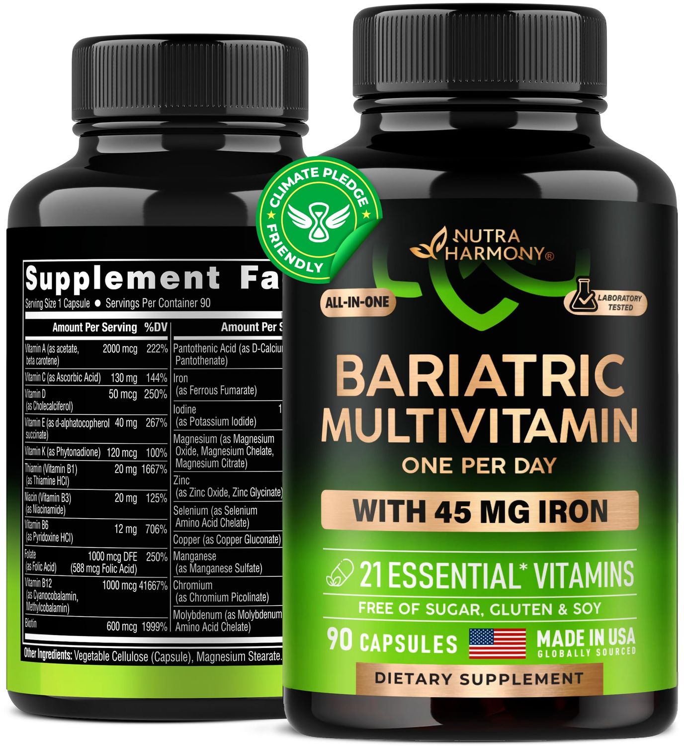 Bariatric Multivitamin - 45 mg Iron Supplements - Made in USA - for Women &amp; Men - All-in-One, 21 Essential Vitamins - Gastric Sleeve Support - Free of Sugar, Gluten &amp; Soy - 90 Capsules