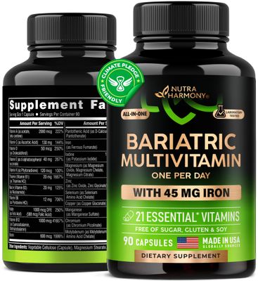 Bariatric Multivitamin - 45 mg Iron Supplements - Made in USA - for Women &amp; Men - All-in-One, 21 Essential Vitamins - Gastric Sleeve Support - Free of Sugar, Gluten &amp; Soy - 90 Capsules