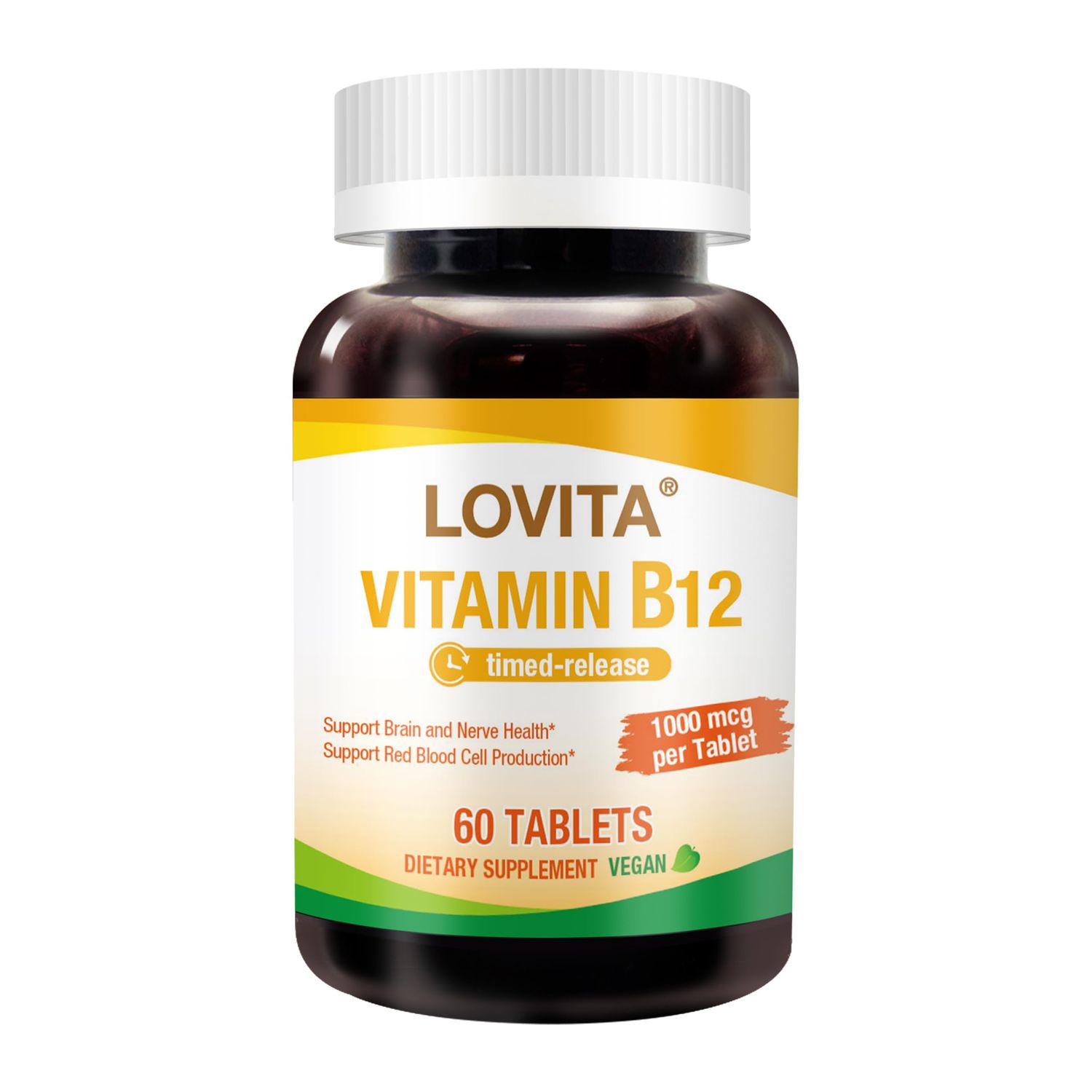 Lovita Vitamin B12 1000 mcg (B12 Vitamins as Cyanocobalamin), Timed Release B12, Vegan-Friendly, Supports Nervous System, 60 Vegetarian Tablets (2 Month Supply)