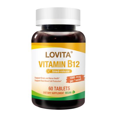 Lovita Vitamin B12 1000 mcg (B12 Vitamins as Cyanocobalamin), Timed Release B12, Vegan-Friendly, Supports Nervous System, 60 Vegetarian Tablets (2 Month Supply)