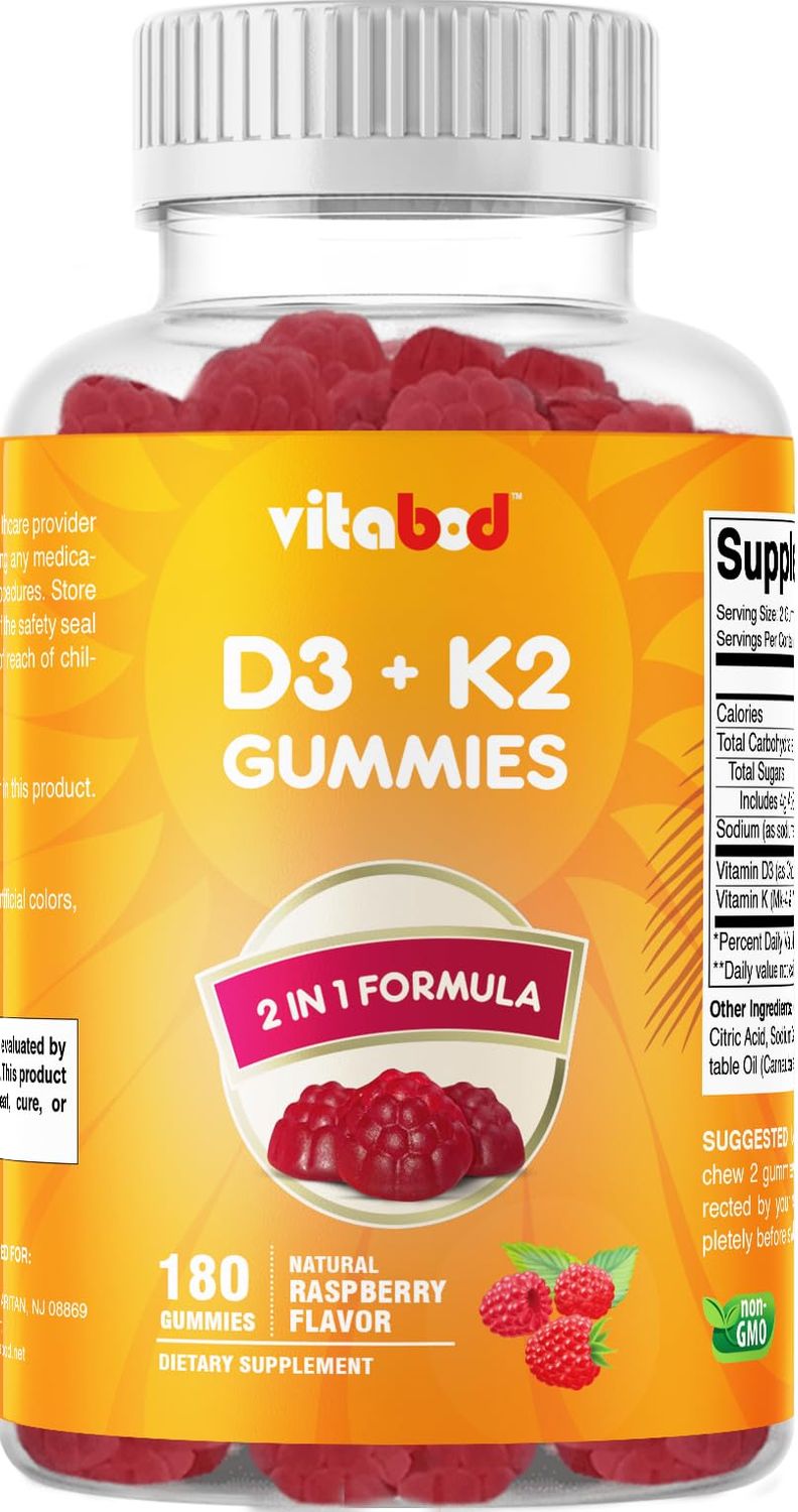 Vitabod Vitamin D3 K2 Gummies - Bone &amp; Heart Health - 180 Pectin Based Gummies