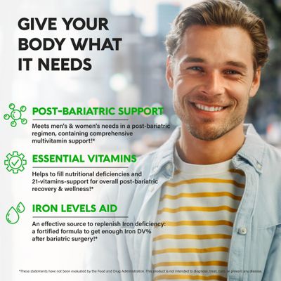 Bariatric Multivitamin - 45 mg Iron Supplements - Made in USA - for Women & Men - All-in-One, 21 Essential Vitamins - Gastric Sleeve Support - Free of Sugar, Gluten & Soy - 90 Capsules