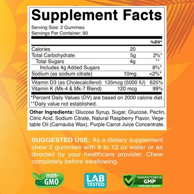 Vitabod Vitamin D3 K2 Gummies - Bone &amp; Heart Health - 180 Pectin Based Gummies