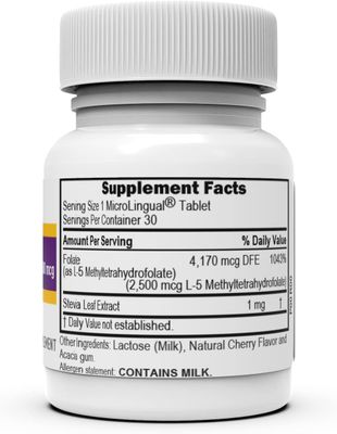 Superior Source Methylfolate 5-MTHF 2,500 mcg, Quick Dissolve Microlingual Tablets, 30 Ct, Biologically Active Form of Folate, Cardiovascular Health, Energy Metabolism &amp; Prenatal Development, Non-GMO