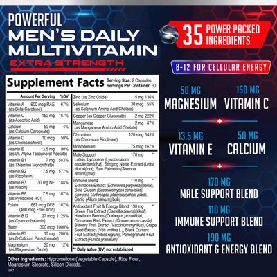Multivitamin for Men - Men's Daily Multi Vitamins A, C, D, E, B, Lycopene, Zinc, Calcium & More - Energy, Immune & Overall Health Support for Him - Adult Vitamin Multivitamins Supplement - 60 Capsules