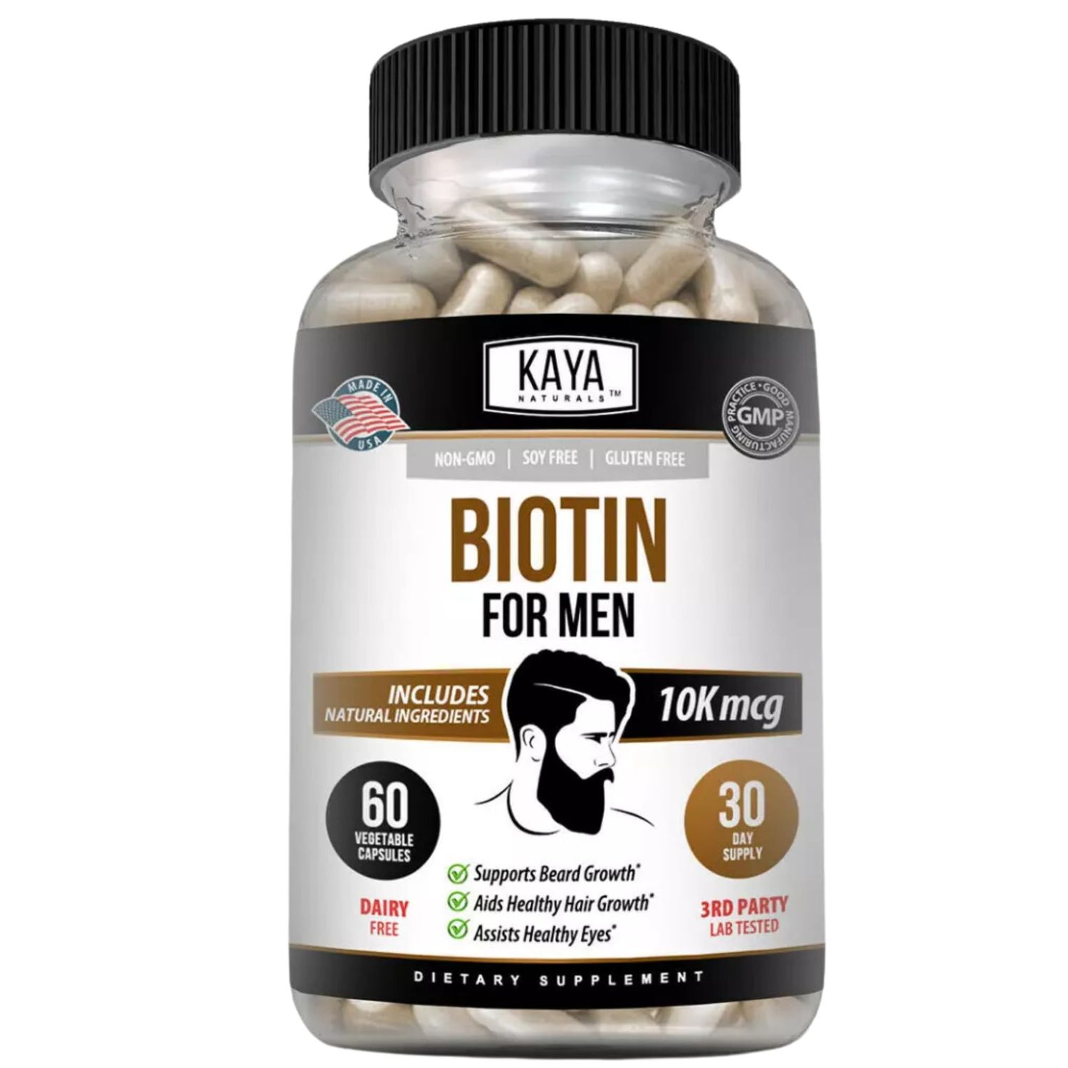 Kaya Naturals Men&#39;s Biotin Promotes Beard &amp; Hair Growth Healthy Skin Metabolic Booster 60ct