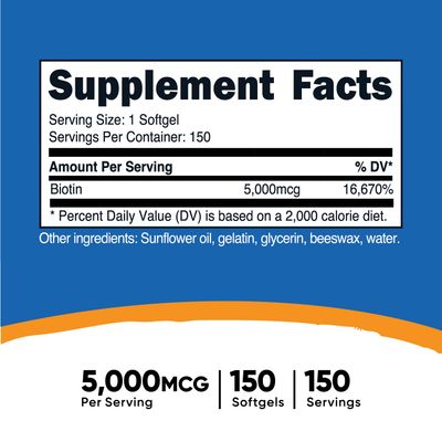 Nutricost Biotin (5,000mcg) in Coconut Oil 150 Softgels - Vitamin B7 - Gluten Free, Non-GMO