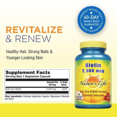 Nature's Life Biotin 2500mcg | Healthy Hair, Skin, Nail &amp; Metabolism Support | Non-GMO | 200 Vegetable Capsules