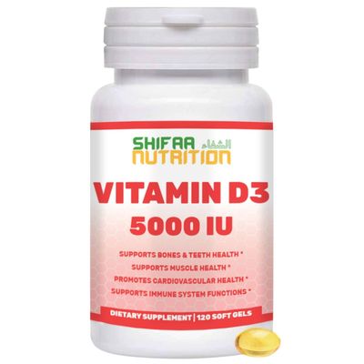 SHIFAA NUTRITION Halal Vitamin D, Halal Vitamin D3, 5000 IU Softgels, 120 Servings. Non-GMO, Gluten-Free, Supports: Structure, Bones, Teeth, Heart, Muscle &amp; Immune Functions