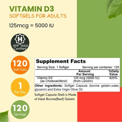SHIFAA NUTRITION Halal Vitamin D, Halal Vitamin D3, 5000 IU Softgels, 120 Servings. Non-GMO, Gluten-Free, Supports: Structure, Bones, Teeth, Heart, Muscle & Immune Functions
