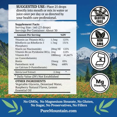 Pure Mountain Botanicals Liquid Vitamin B Complex - Raspberry Flavor Kosher B Complex Vitamin with B12, B6, Thiamin, Biotin, Niacin - 1oz Bottle