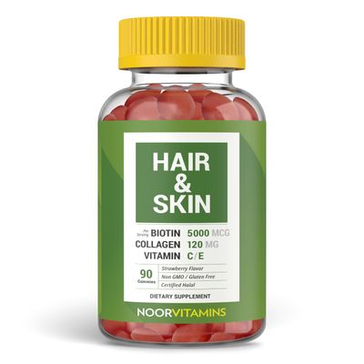 Noor Vitamins Halal Hair Vitamins Biotin, Collagen, Silica, Vitamin C &amp; E Supports Hair, Skin &amp; Nail Health; Natural Strawberry Gummy Vitamins. GMO, Gluten Free &amp; a Certified Halal Vitamin (90 Count)