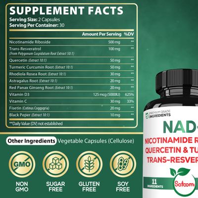 NAD+ Supplement with Nicotinamide Riboside 900mg NR, Resveratrol, Quercetin, Turmeric, Astragalus, Ginseng, Vitamin D3, Vitamin C - Cellular Energy, Repair and Aging - 60 Counts