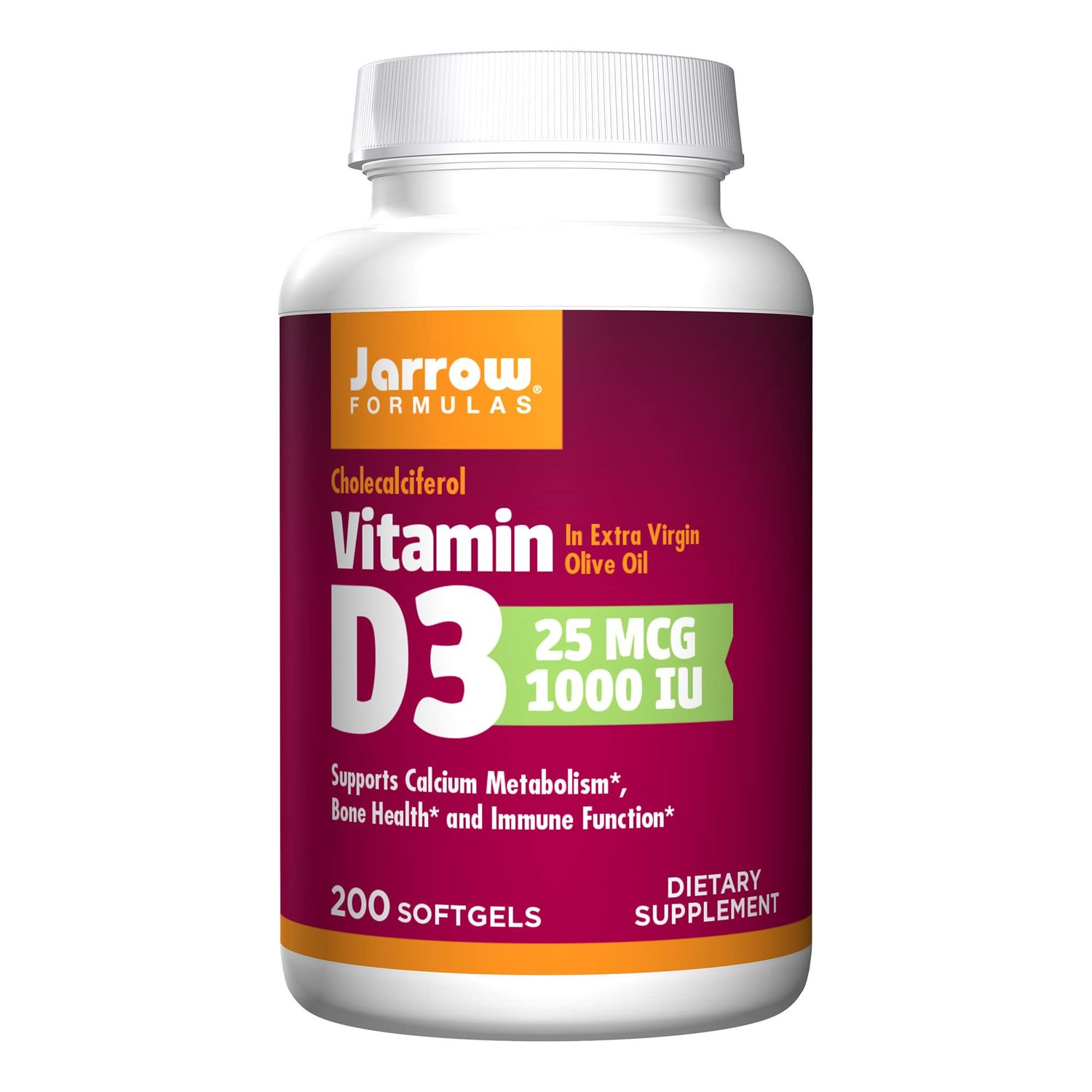 Jarrow Formulas Vitamin D3 25 mcg, Dietary Supplement, Bone and Joint, Support for Immune Health and Calcium Metabolism, 200 Softgels, 200 Day Supply