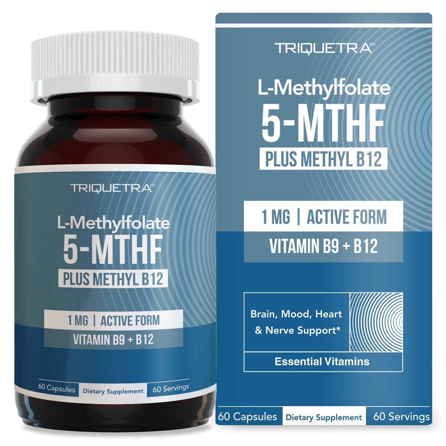 L Methylfolate 1000 mcg plus Methyl B12 - Active 5-MTHF Form, MTHFR Supplement - Bloodstream Ready Methylated Folate + B12 Cofactor - Supports Mood, Homocysteine Methylation, Cognition (60 Capsules)